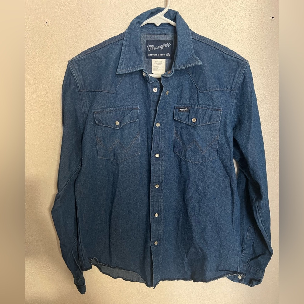 WRANGLER Vintage Pearl Snap Raw Hem Button‎ Down Western Denim Shirt Boy's Sz XL
